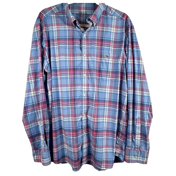 Vineyard Vines‎ Men’s On The Go Performance L OTG Button Down Shirt Blue Red - Picture 1 of 10